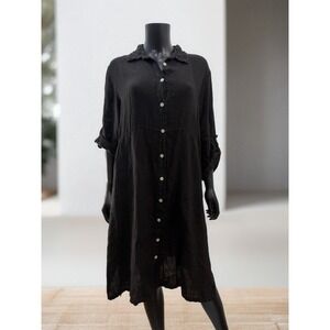 Saks Fifth Avenue Black Linen Shirt Dress Button Front Made in Italy M